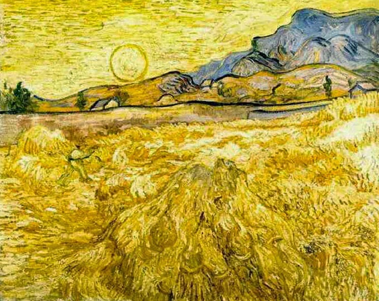 Campo de trigo com ceifeiro e Sol. Esta pintura foi realizada no final de junho de 1889, quando van Gogh estava internado em um sanatório em Saint-Rémy.